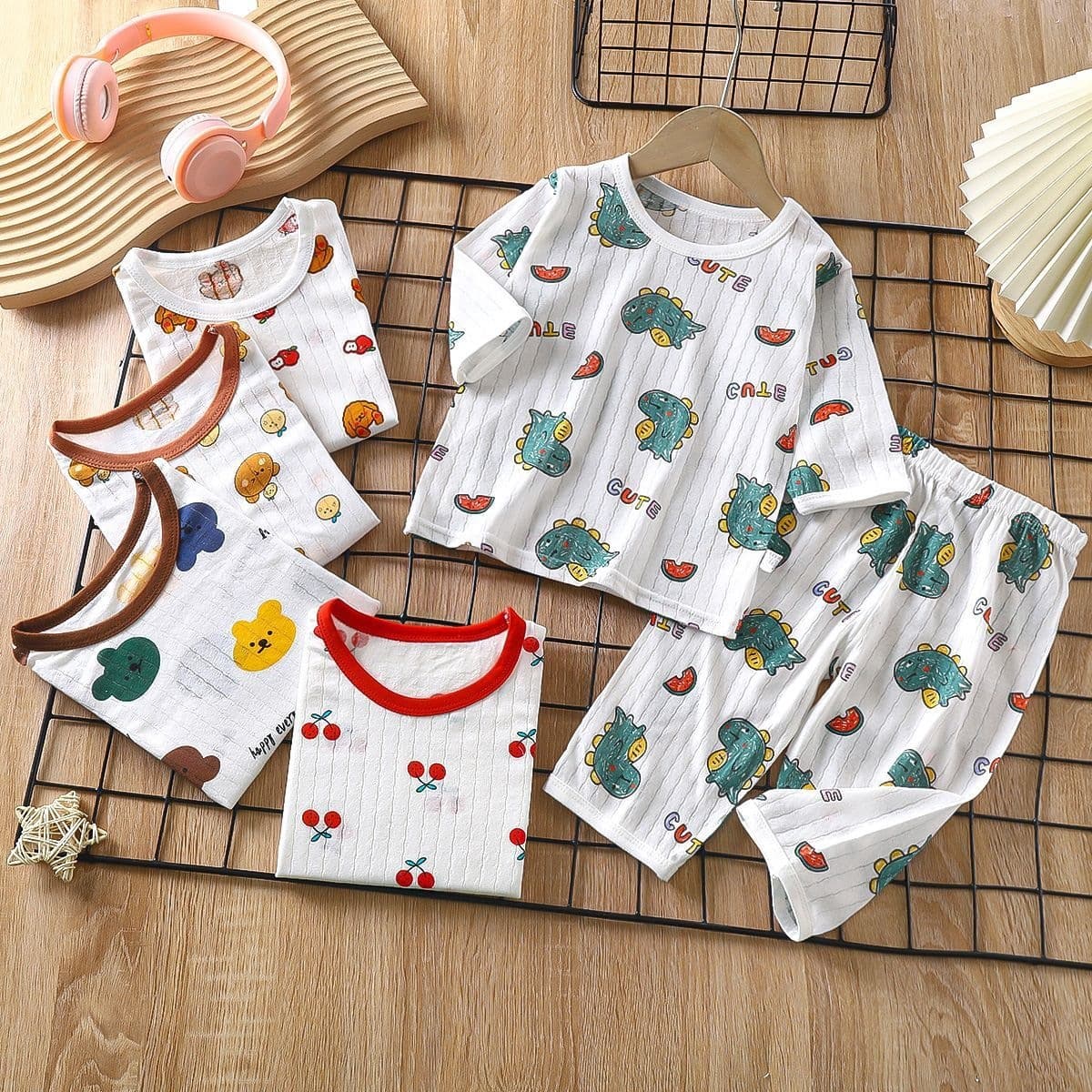Girls' Homewear Pajamas Air Conditioning Suit Summer Thin Breathable Baby Boys Seven-Piece Set Tencel