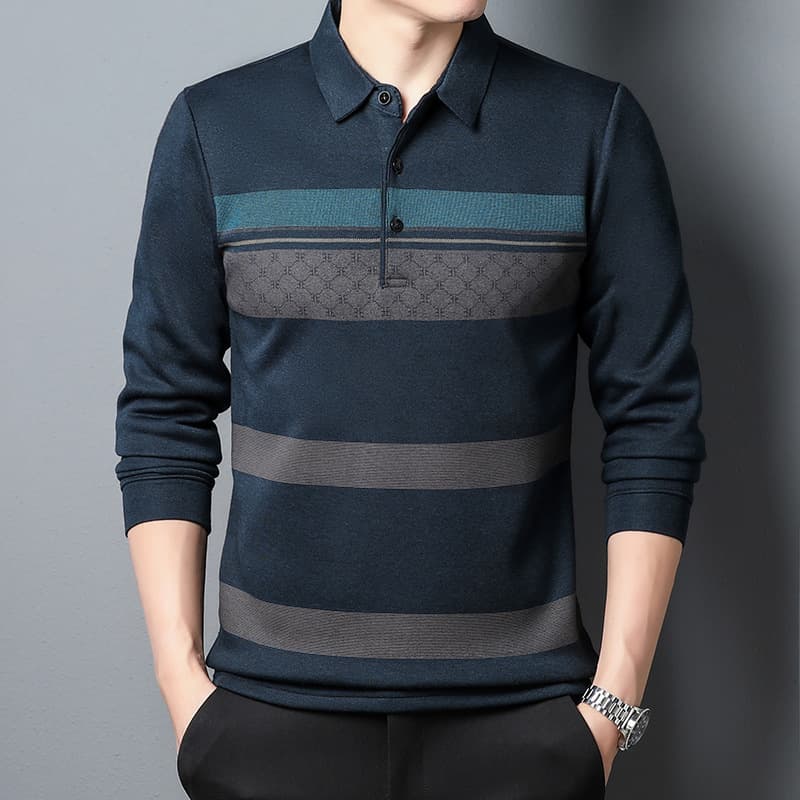 New Autumn Polo Shirt Men Middle-Aged Business Turn-down Collar Long Sleeve T-Shirt Top Men Striped Casual Polo Shirt Men
