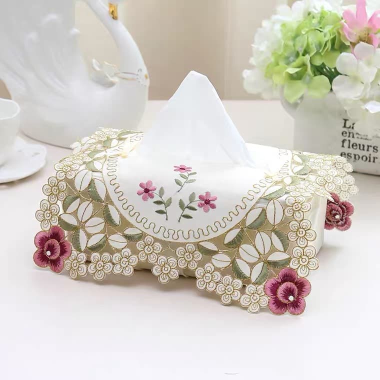 Rustic style fabric tissue box with embroidery and hollow-out design, suitable for home, living room, and car use. Stylish and high-end fabric tissue cover.
