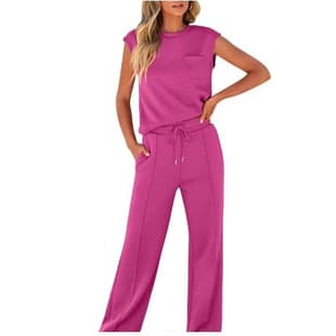2026 Amazon European and American Women's Casual Suit Solid Color New Sleeveless Top High Waist Wide Leg Pants Women's Two-Piece Set