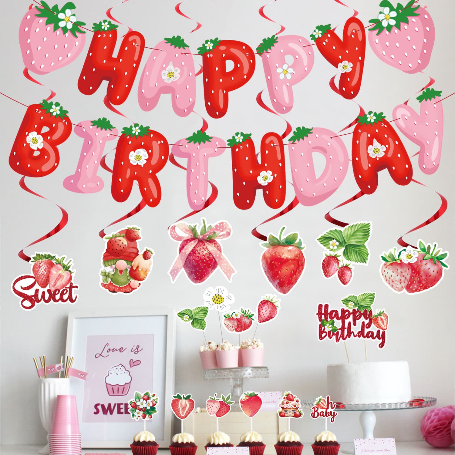 Strawberry Theme Happy Birthday Party Decoration Set Birthday Banner Cake Topper Swirl Party Decorations