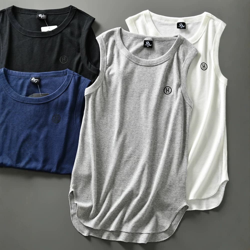 Foreign trade single cut label waffle sleeveless T-shirt hem curved sports running training basketball vest vest for men