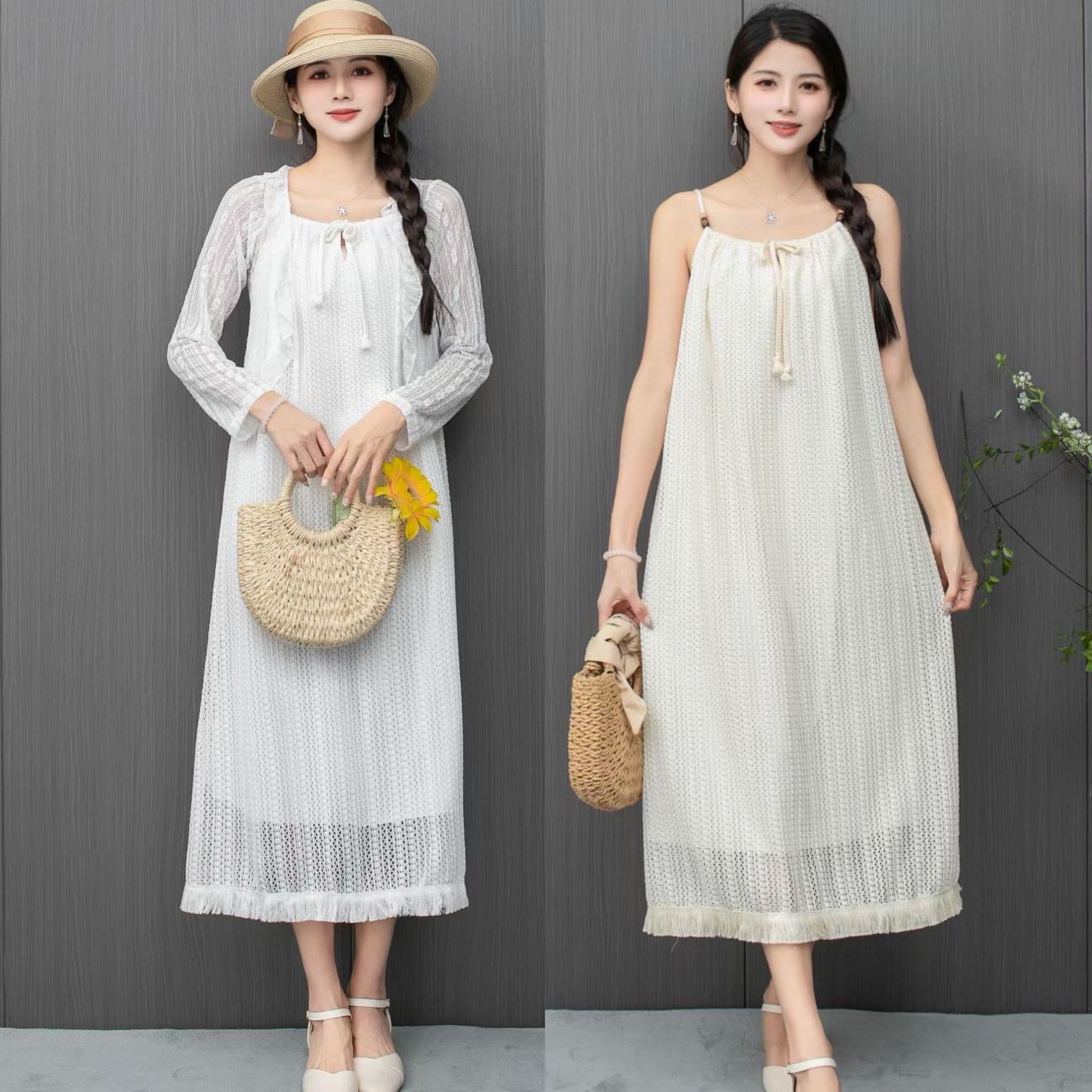 White Cotton-Linen Spaghetti Strap Dress 2024 New Yunnan Lijiang Sanya Xinjiang Thailand Travel Ethnic Style Beach Dress