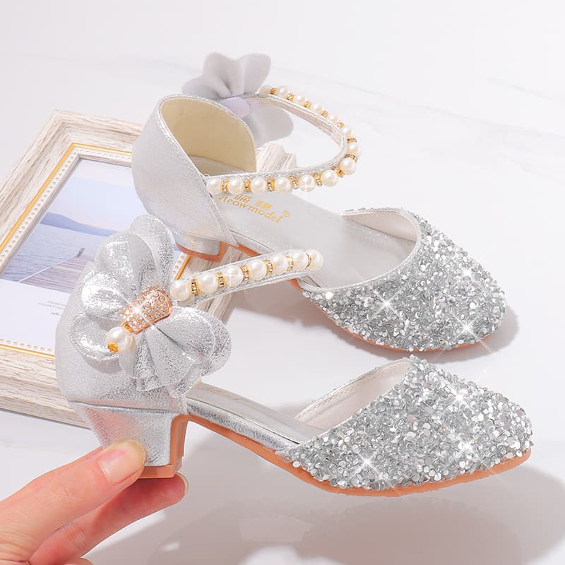 Girls Princess Shoes Host Piano Performance Leather Shoes Children's High Heels Silver Stage Dress Crystal Shoes