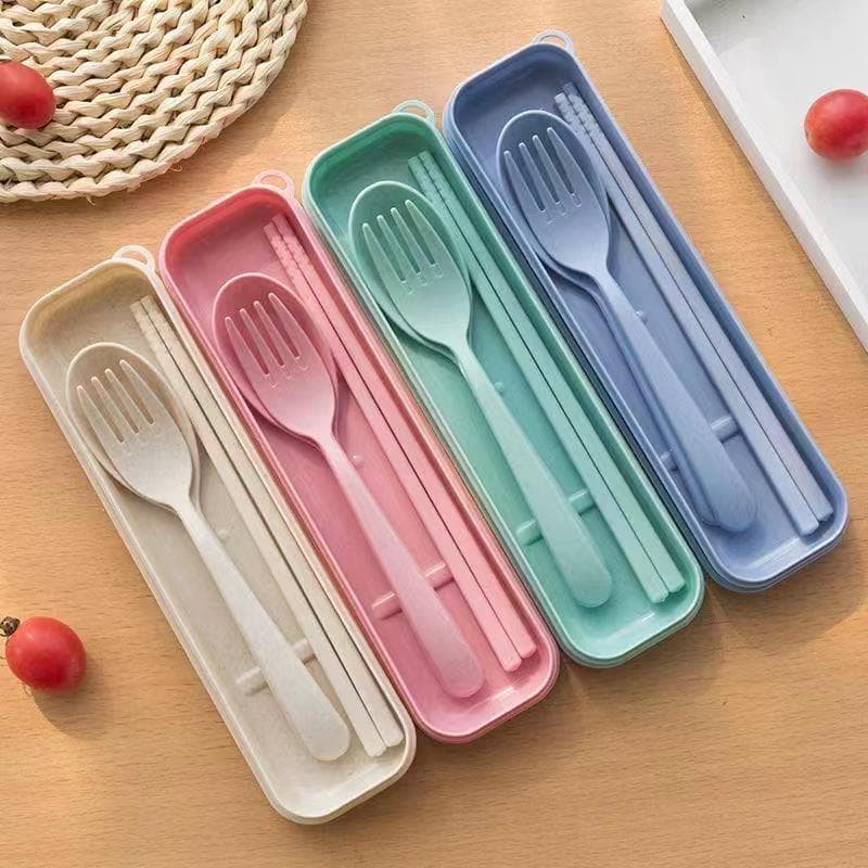 Wheat straw tableware fork, spoon and chopsticks three-piece set Nordic color children's outdoor travel picnic portable tableware set