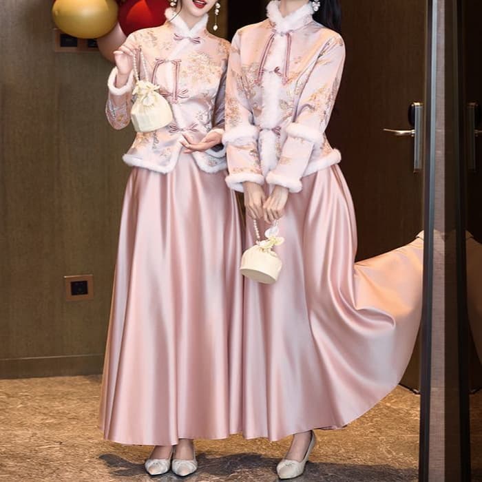 2025 Winter Chinese Style Bridesmaid Dress Ethnic Style Long Dress Two-Piece Set Light Pink Stand Collar Dress Literary Retro Cheongsam Dropshipping