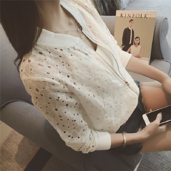 Spring/Summer Long-Sleeve UV Protection Shirt for Women, Lace Hollow-Out Slim Thin Short Style, Baseball Jacket for Women
