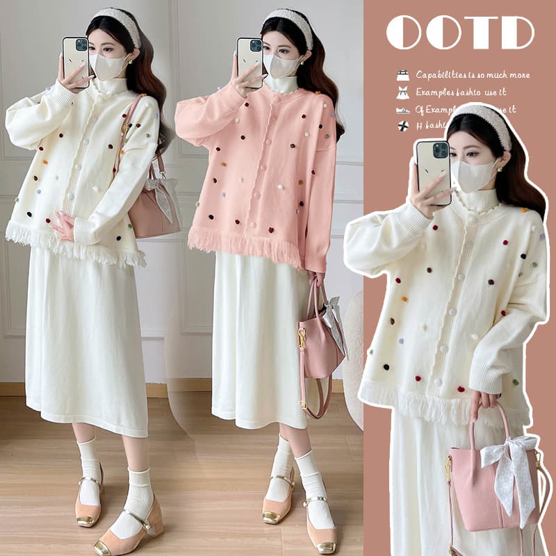Maternity Wear Autumn/Winter Elegant New Loose Fringe Sweater Coat + Knit Base Dress Sweet Two-Piece Set