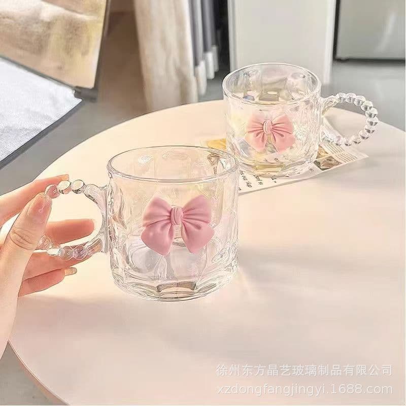 Trendy Ins Style Handle Glass Mug for Home Heat-Resistant Minimalist Bow Transparent Water Cup Floral Tea Cup Coffee Cup