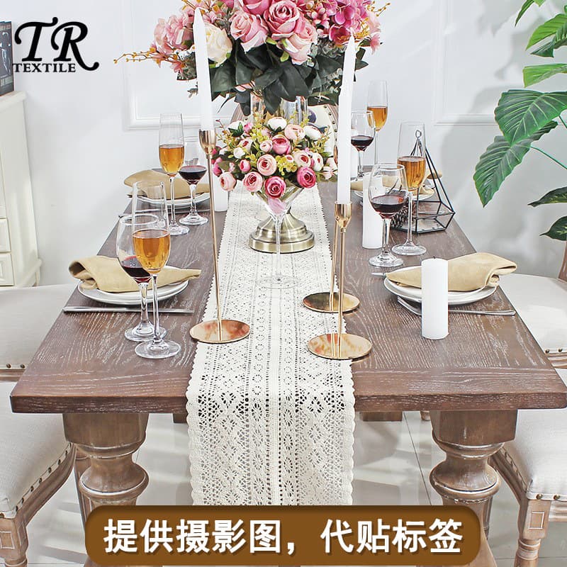 Retro Nordic Lace Table Flag Handwoven Cotton Tablecloth Bed Flag for Dining Table Living Room Bedroom Children's Room