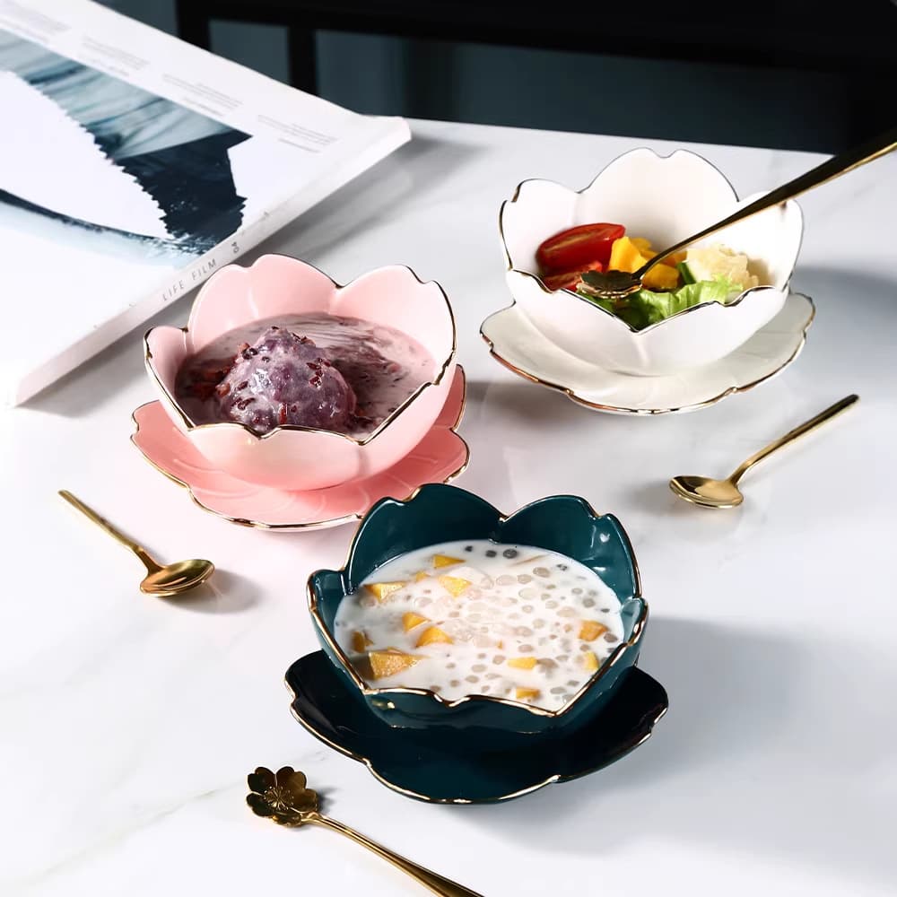 Japanese cherry blossom ceramic bowl gold edge dessert bowl bird's nest bowl creative fruit ice cream bowl sugar water white fungus soup bowl tableware