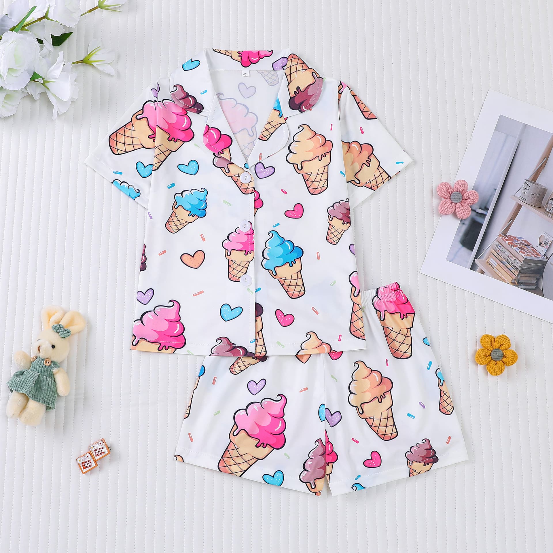 Cross-border foreign trade new four-season medium kids girls pajama set short sleeve shorts cardigan printed kid pajama