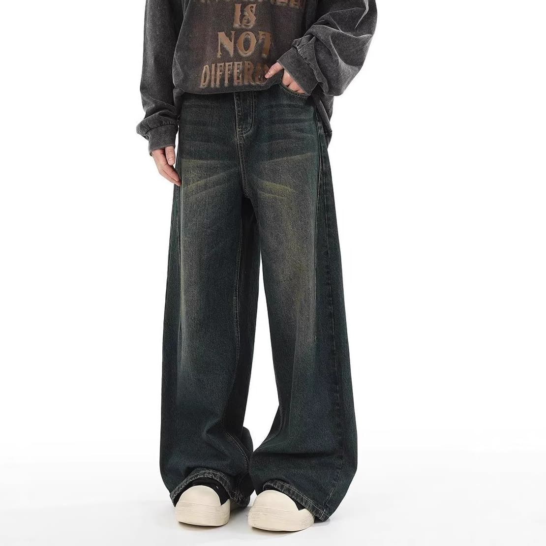 American Wide-Leg Denim Jeans for Men Streetwear High Street Vintage Loose Washed Distressed Floor-Length Jeans Autumn