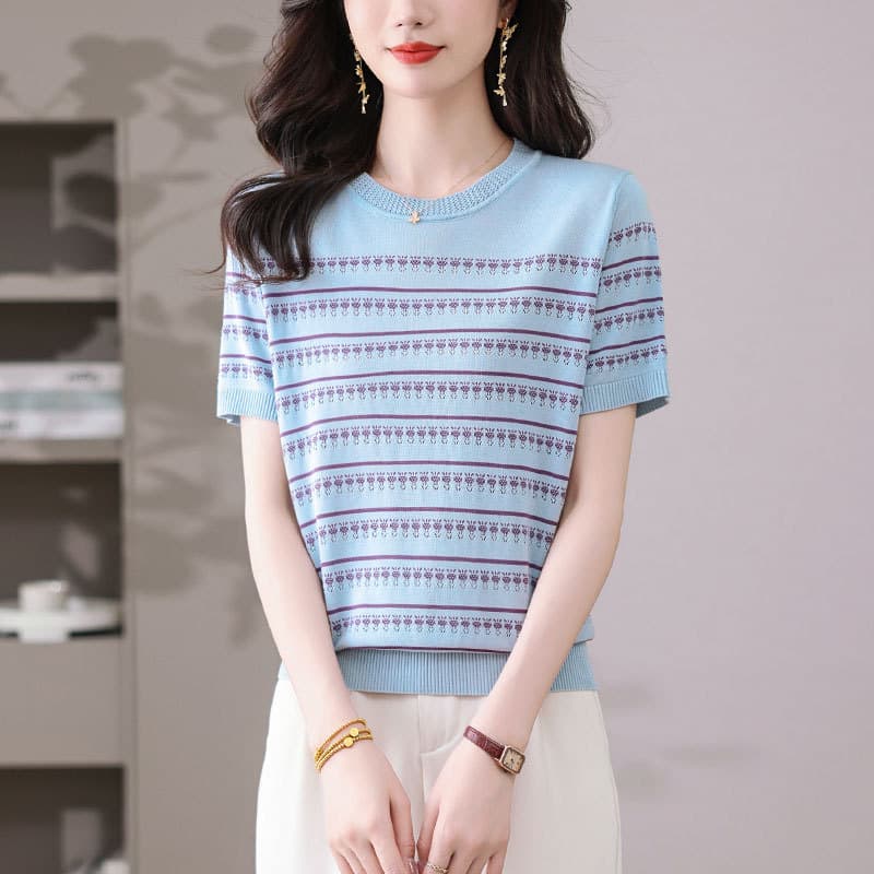 [Factory Direct] Color-blocked Round Neck Tencel Short-sleeve Knit T-shirt for Women, Summer Thin Fashion Striped Silk Top