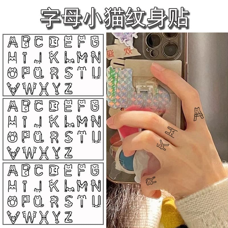 Cute Letter Cat Tattoo Sticker Ins High-Quality Pattern Sticker Finger Waterproof Long-Lasting 26 Letters DIY Realistic