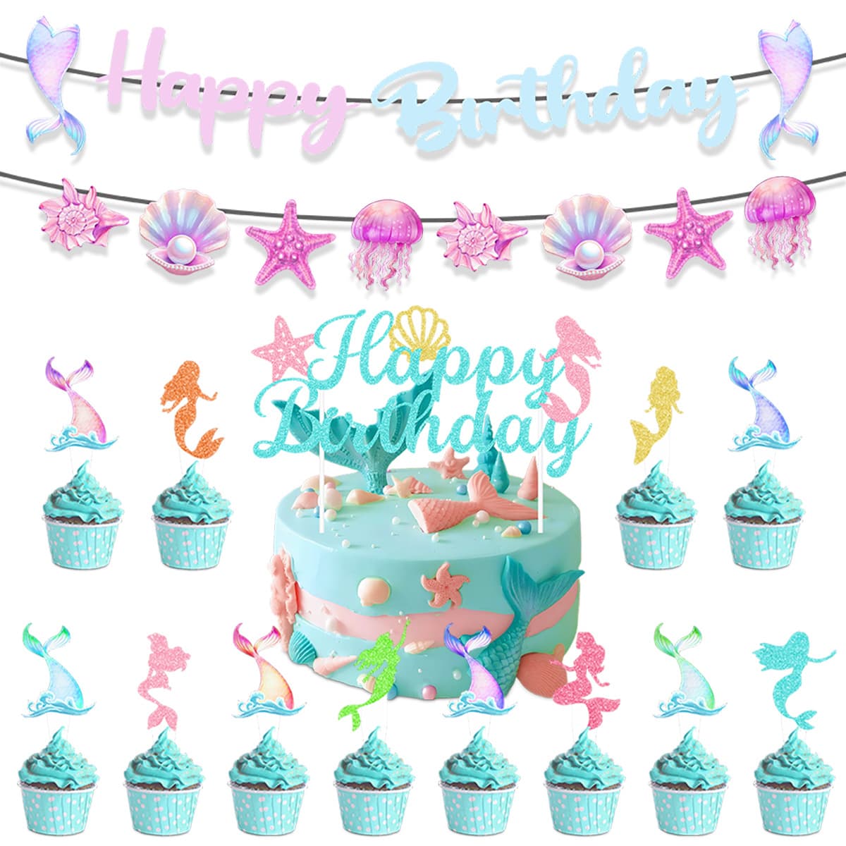 Mermaid Birthday Party Decorations Ocean Animal Theme Banner Cake Topper Wholesale Custom