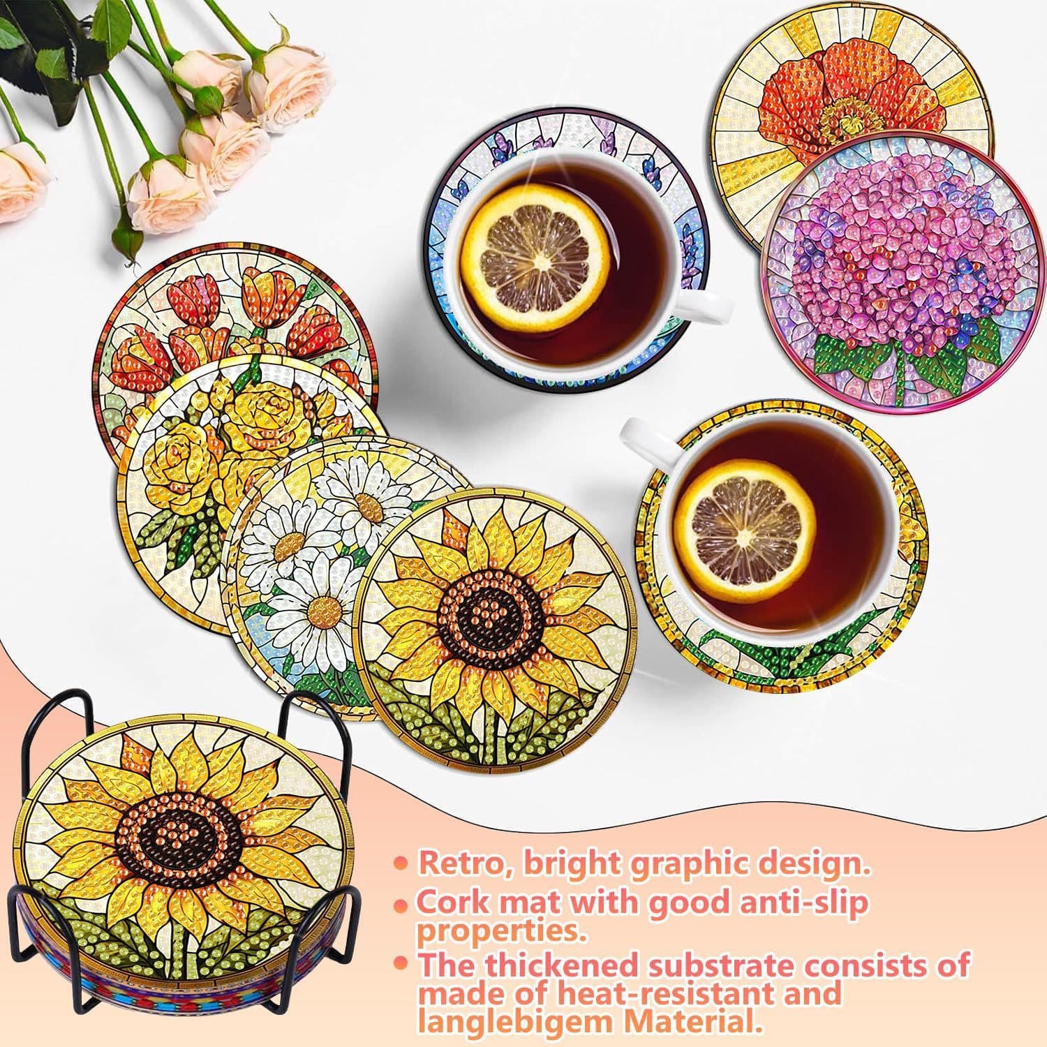8-Piece Flower Diamond Art Coaster Set for Adults, Flower Diamond Painting Coasters with Stand, 5D Gemstones