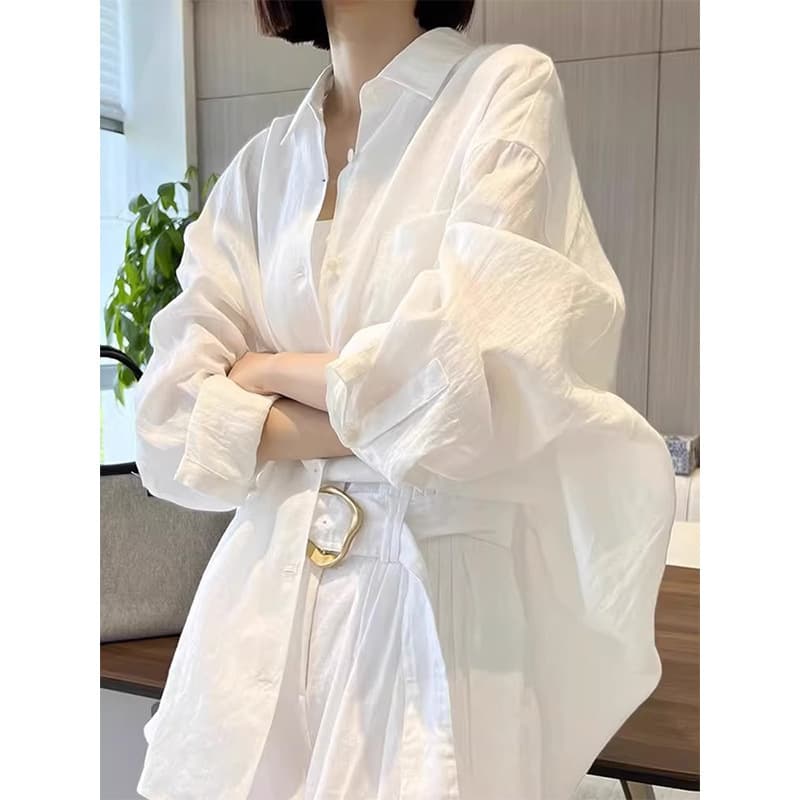 French Style White Long-Sleeve Shirt Cardigan for Women Summer Thin Outerwear Blouse Top