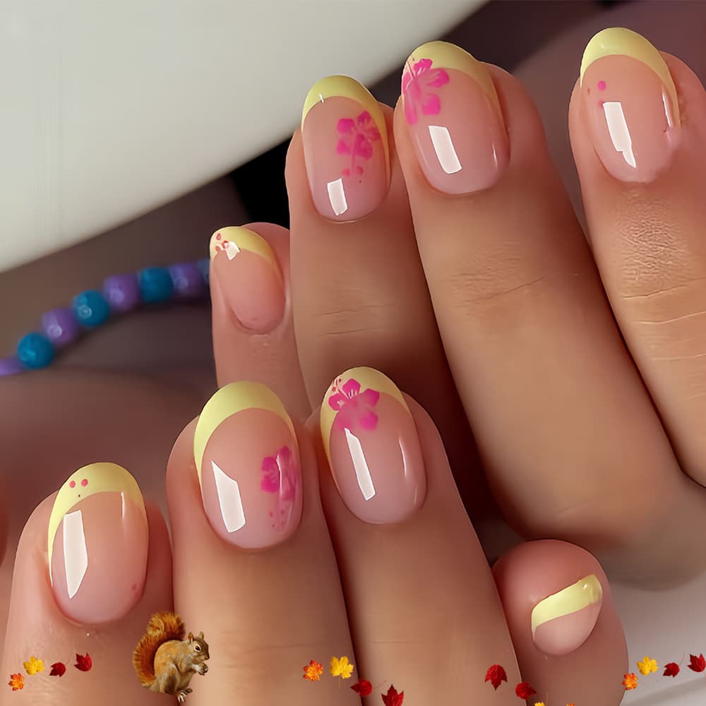 Cross-Border Hot Selling Short Square Yellow French Nails, Brightening White Fake Nails, Pink Petal Hawaiian Flower Wearable Nail Art
