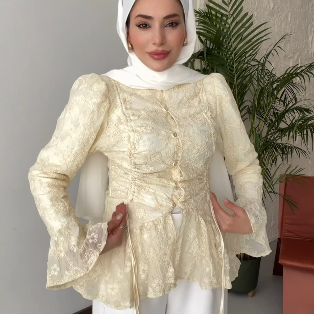 Cross-border European and American clothing AliExpress popular fashion bell sleeve lace jacquard shirt