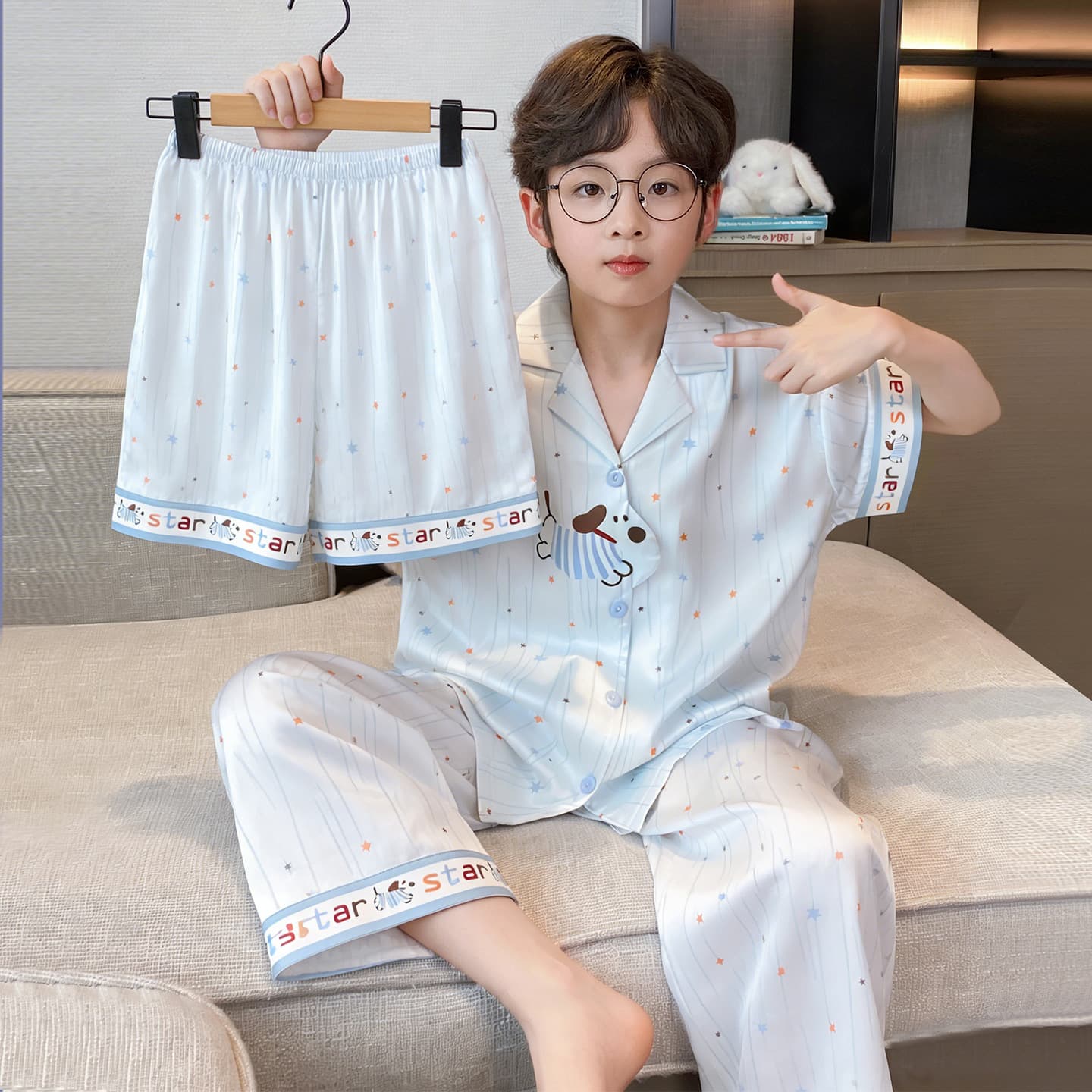 Ice Silk Children's Pajamas Summer Thin Boys 2026 New Three-Piece Set Short Sleeve Boys Big Kids Popular Homewear