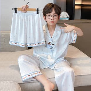 Ice Silk Children's Pajamas Summer Thin Boys 2026 New Three-Piece Set Short Sleeve Boys Big Kids Popular Loungewear