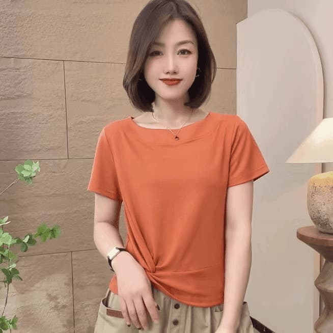 2025 Summer Women's Short Sleeve Pleated Solid Color Round Neck Versatile Fashionable T-Shirt Youthful Casual Top