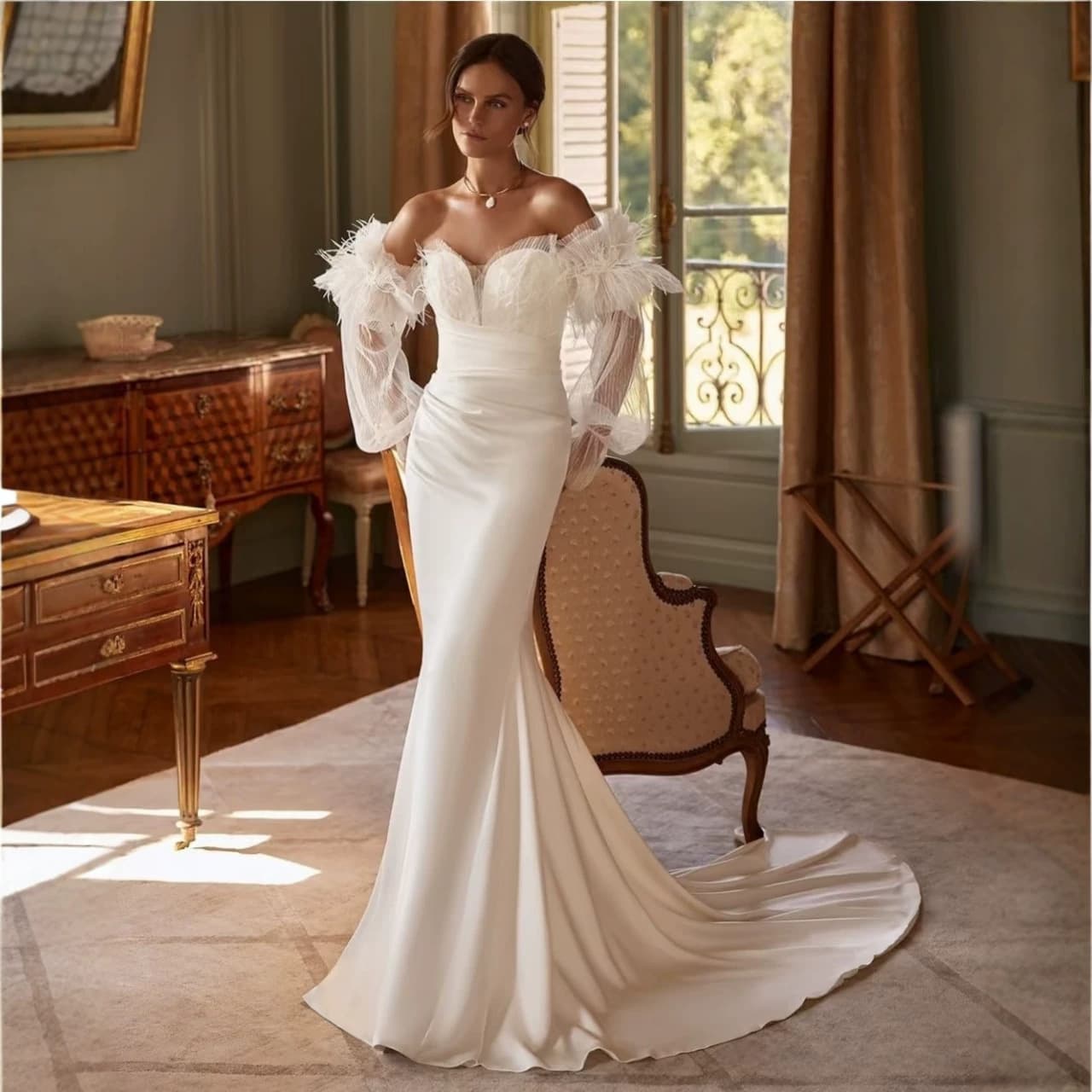 Wedding Dress European and American High-End One-Shoulder V-Neck Strapless Mermaid Light Wedding Dress with Small Train Elegant Style