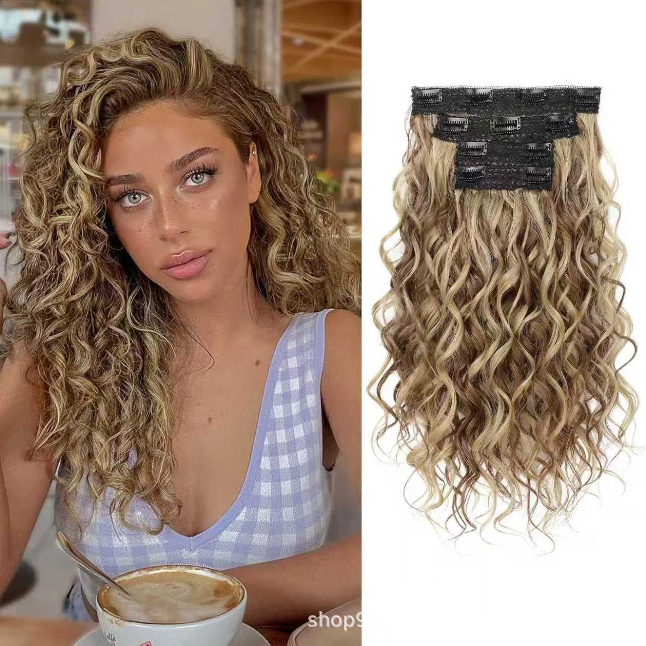 Cross-border Trade 4-Piece Clip-in Water Wave Wig Hair Extensions Short Curly Wave Short Curly Hair 4-Piece Set Wholesale