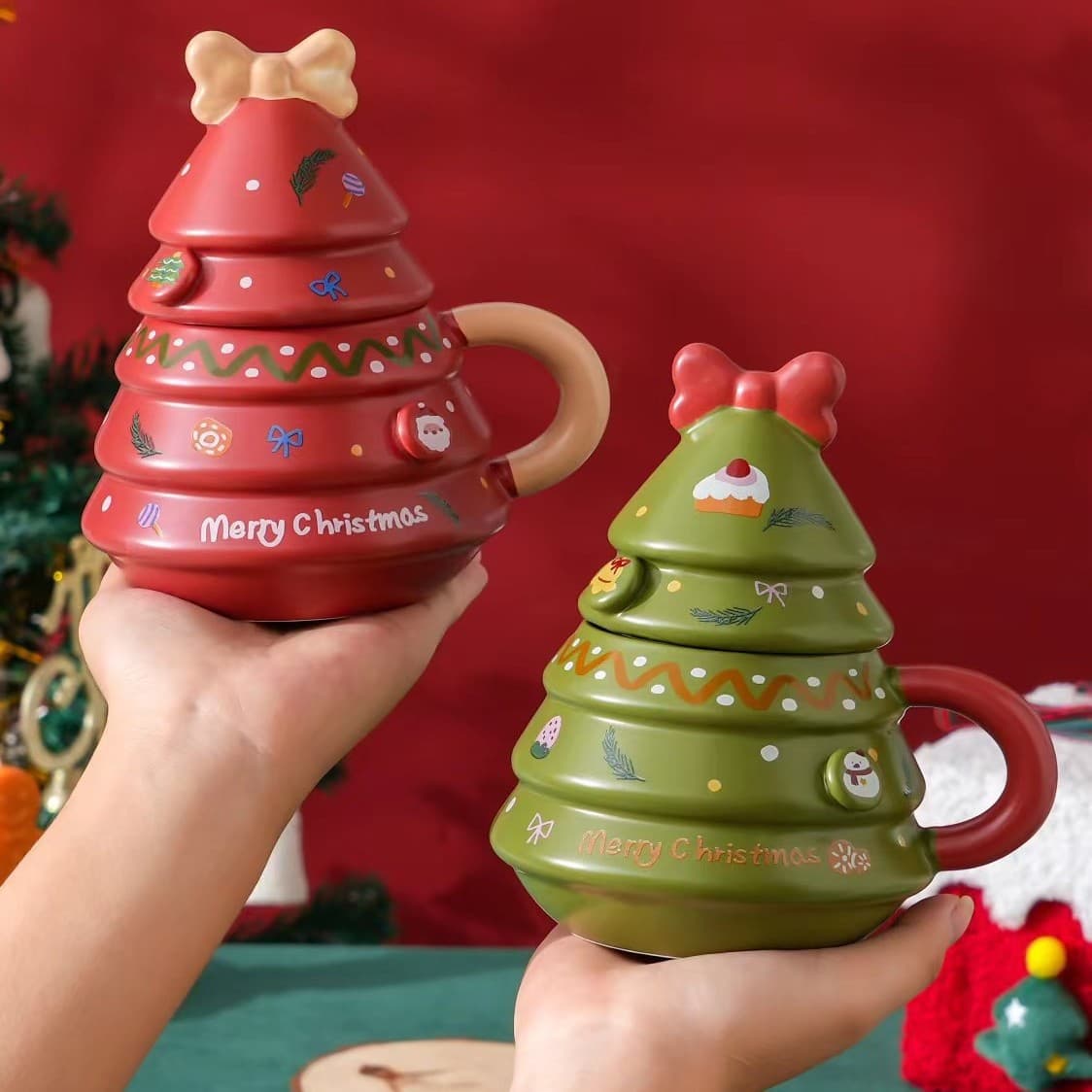 Creative Embossed Christmas Tree Ceramic Mug with Bow, High-End Coffee Cup with Lid, Cute Drinking Mug