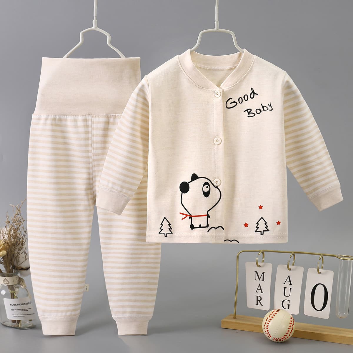Baby High-Waist Belly-Protecting Innerwear Set, Children's Front-Button Cotton Long Johns, Unisex Infant Pullover Homewear