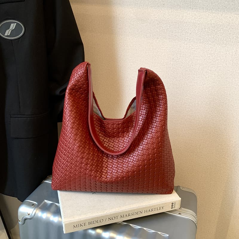 Large Capacity Casual Women's 2024 Retro New Solid Woven Texture Commuter Tote Shoulder Bag