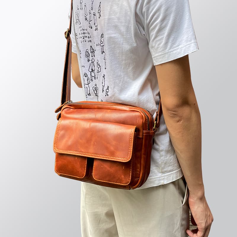 Pure Color Leather Men's Crossbody Bag Trendy Single Shoulder Bag Casual Top Layer Cowhide Bag Urban Minimalist Style