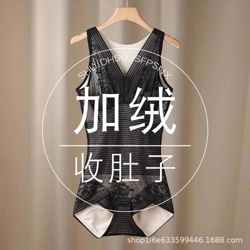 Winter Fleece-Lined Bodysuit Tummy Control Waist Cinching Hip-Lifting Belly Slimming Large Size Warm Shaping Beauty Underwear Women