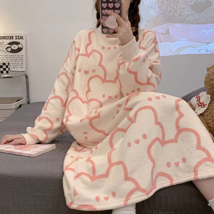 New Women's Coral Fleece Pajama Set Thickened Flannel Loose Dress Home Clothes Nightgown plus Size Comfortable Sleepwear