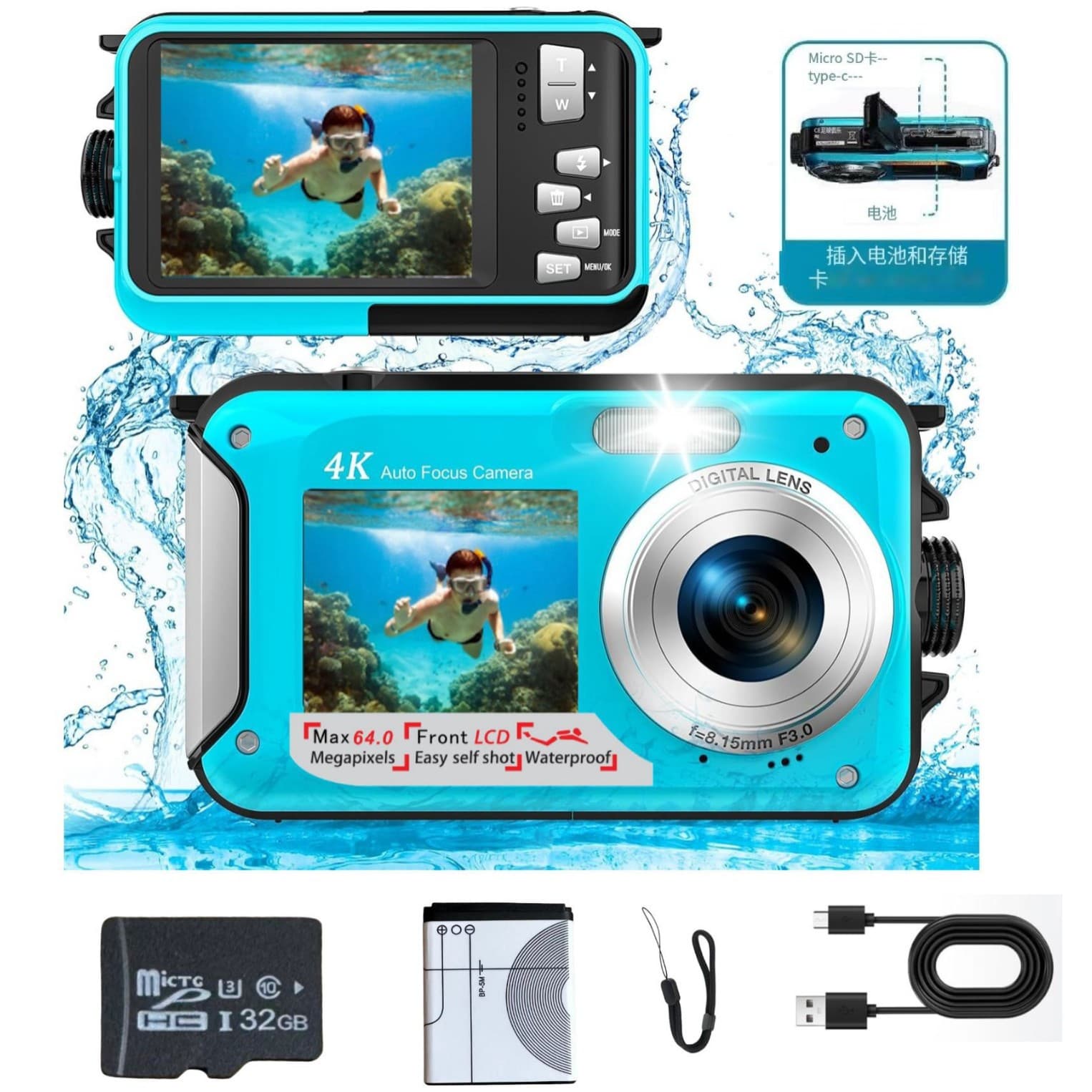 4K English Version Underwater Camera 64MP Auto Focus Waterproof Digital Camera with Selfie HD Dual Screen