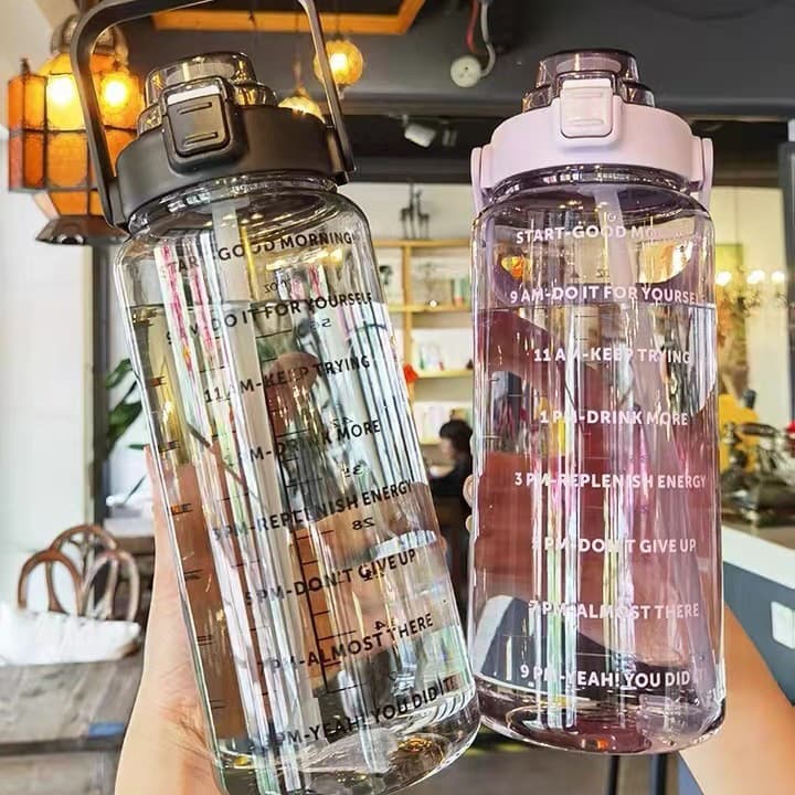 Large Capacity Water Bottle with Straw and Time Markings 2000ml Sports Viral Summer Plastic Water Bottle