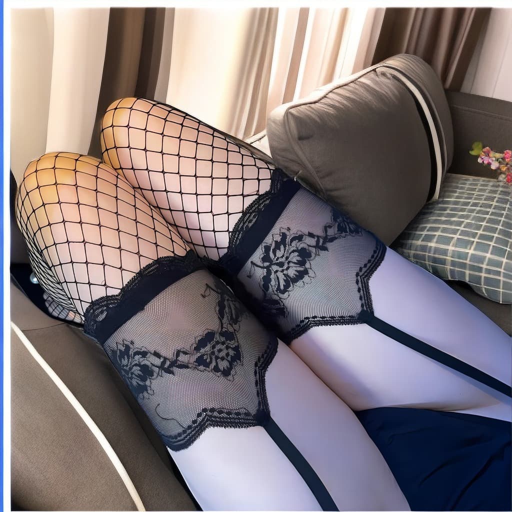 Sexy Stockings Suspender Stockings Lace Trim Black Stockings Contrast Red Edge Over-the-Knee Integrated Stockings Pure Desire Fishnet Stockings