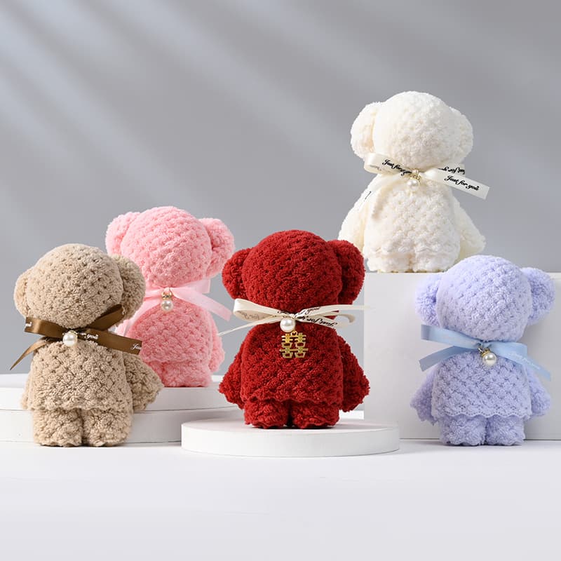 Bear-shaped Towel Woven Coral Fleece Checkered Pattern Soft Absorbent Return Gift, Daily Use Wedding Store Souvenir