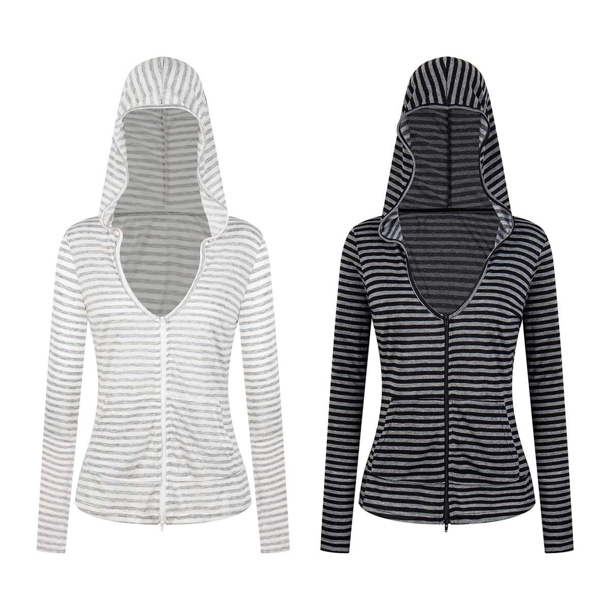 UNBDNS Korean-style sheer striped long-sleeve cardigan for women, Tencel hooded top, slim-fit zipper jacket for autumn