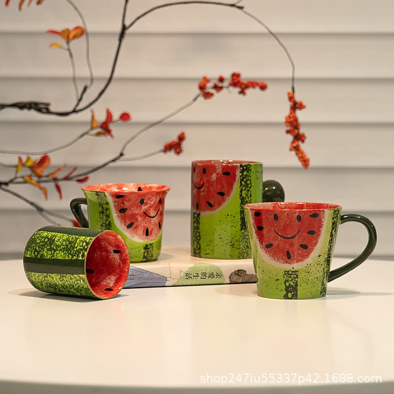 Hand-painted watermelon ceramic mug set, cute and fresh couple pair of cups, household high-value water cup and coffee cup