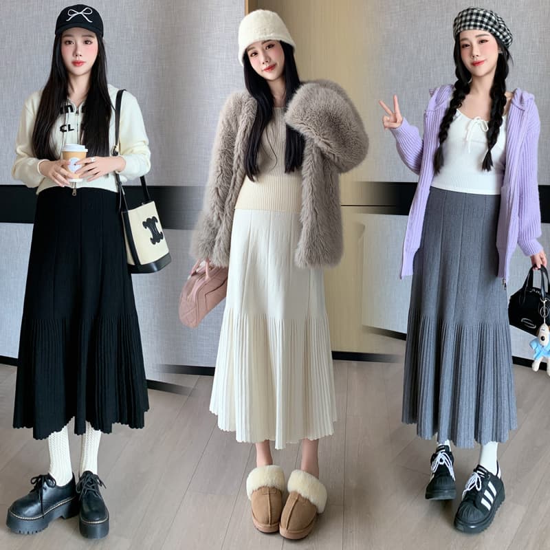 Pregnant Women Knitted Pleated Midi Skirt Early Autumn 2024 New Gentle Style High Waist Slimming A-Line Maternity Skirt