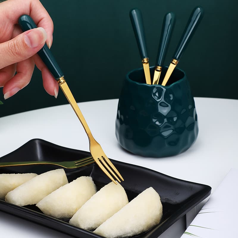 Stainless Steel Fruit Fork and Spoon Ceramic Storage Jar Set Creative Emerald Fruit Fork Household Mooncake Knife Fork Spoon