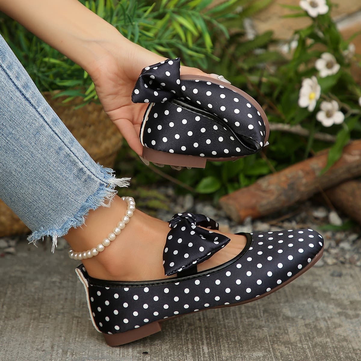 Vintage French Polka Dot Ballet Flats for Women with Bow Mary Jane Design, Plus Size Available