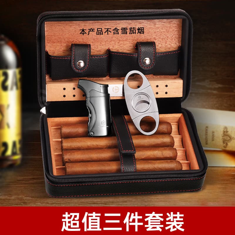 HANNICOOK Portable Cigar Case PU Leather Cigar Cedar Wood Humidor Cigar Set