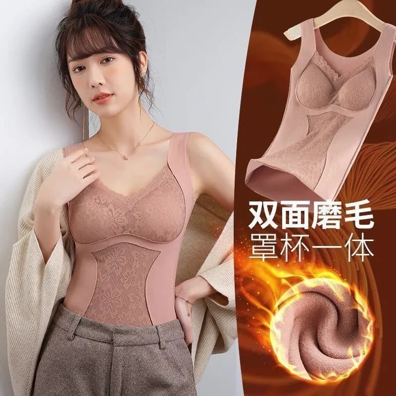 Fleece-lined thermal vest for women, double-sided German fleece seamless thickened no-wear bra, tummy control base layer, autumn and winter.