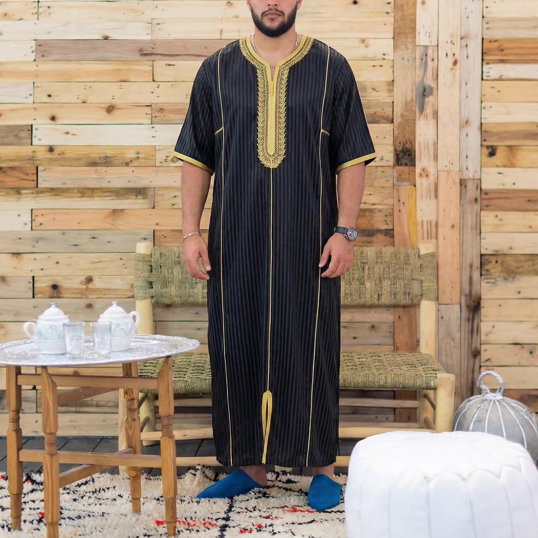 Cross-border Men's Long Robe Short Sleeve Embroidered Striped Long Robe Festival Dress Multicolor In Stock