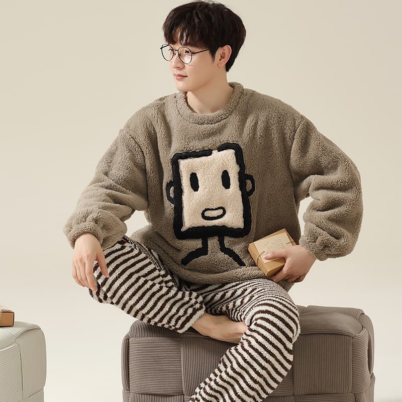 Cartoon Simple Men's Flannel Pajamas Winter 2025 New Style Can Be Worn Outside, Fleece-Lined Warm Coral Fleece Loungewear