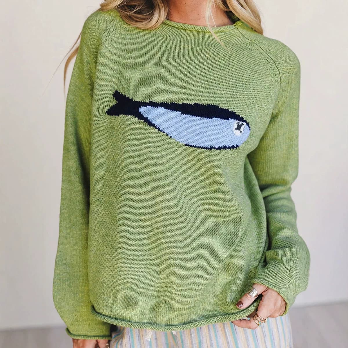 2026 new autumn round neck long-sleeved knitted tops for women European and American casual versatile fish pattern loose sweaters for women