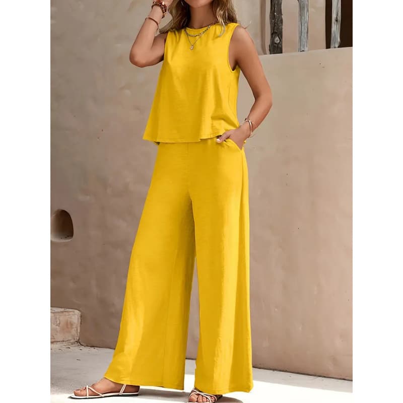 2026 Amazon EU/US Cross-Border Hot Selling Solid Color Elegant Two-Piece Set: Round Neck Vest and Wide-Leg Pants